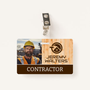 Worker at Construction Site   Wood ID Badge