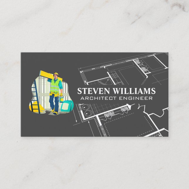 Worker Construct Builder Logo | Blueprint Business Card (Front)