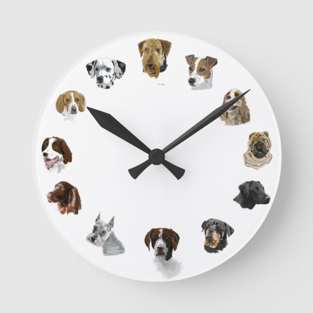 Working dogs hand drawn round clock (Front)