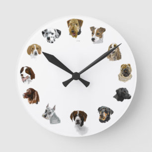 Working dogs hand drawn round clock