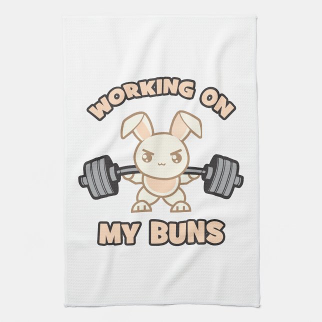 Workout Bunny Cartoon - Working On My Buns - Gym Tea Towel (Vertical)