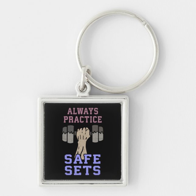Workout Humour - Practice Safe Sets - Novelty Gym Key Ring (Front)