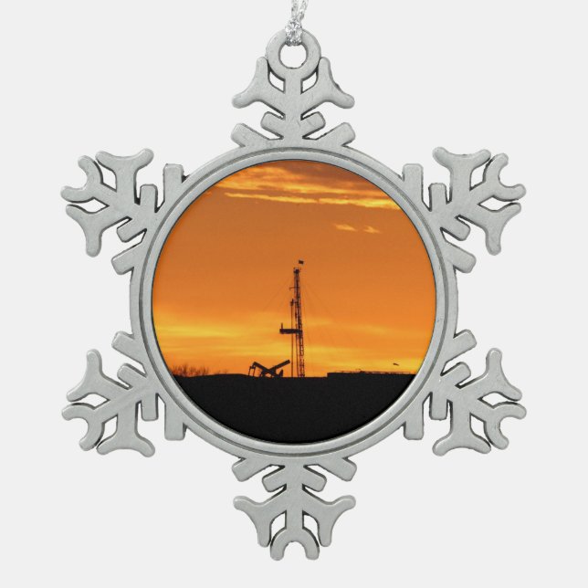 Workover Rig at Sunset Snowflake Pewter Christmas Ornament (Front)