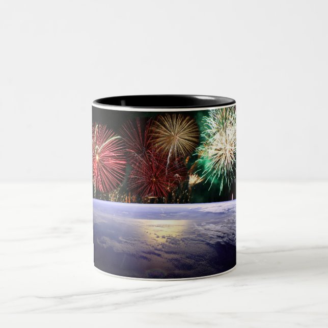 World and Fireworks Two-Tone Coffee Mug (Center)