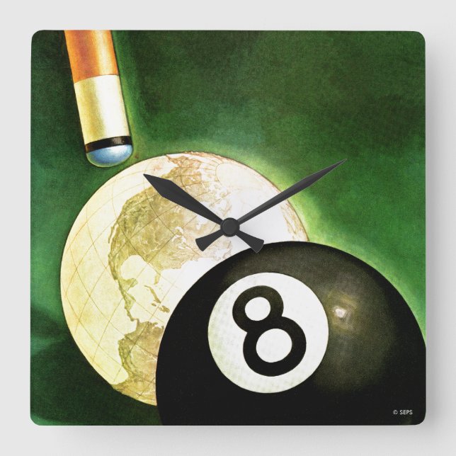 World as Cue Ball Square Wall Clock (Front)