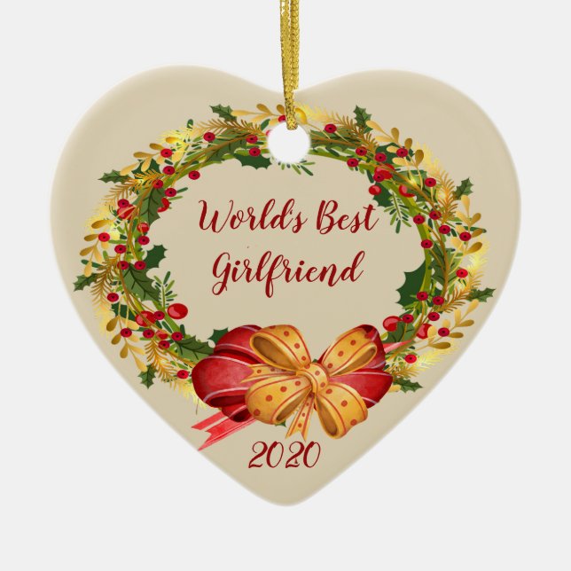 World Best Girlfriend Antique Wreath Christmas Ceramic Ornament (Front)