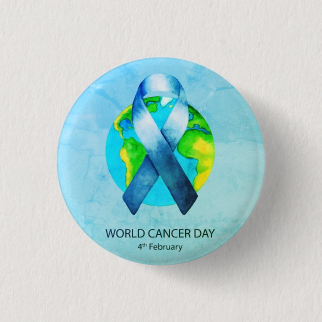 World Cancer Day - WC Blue/Teal Ribbon 3 Cm Round Badge (Front)