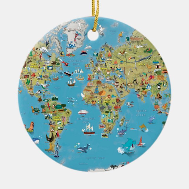 World Cartoon Map Ceramic Ornament (Front)