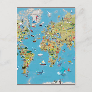World Cartoon Map Postcard