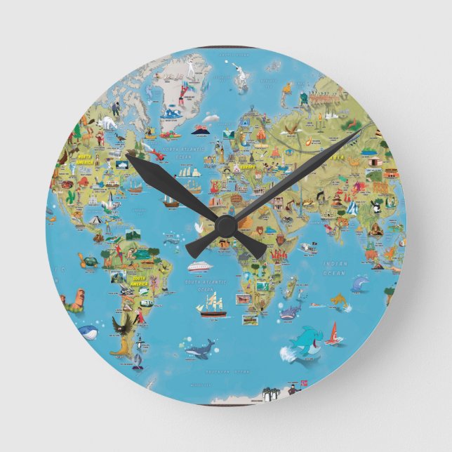 World Cartoon Map Round Clock (Front)