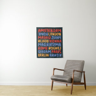 World City Brush and Ink Typography Pattern Tapestry