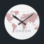 World Clock Custom Elegant City Time Zone Pink<br><div class="desc">Elegant and modern rose gold muted pastel pink world clock with custom city name and location marker on a world map design that COMPLETELY CUSTOMIZABLE in the colours of your choice for the map design, background, text colour, map marker colour, and even the font can be changed to match your...</div>