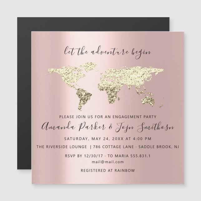World Destination Map Graduate Bridal Wedding Rose Magnetic Invitation (Front/Back)