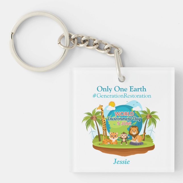 World Environment Day Custom Text Jungle Animals Key Ring (Front)