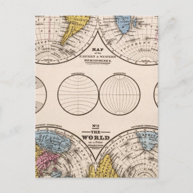 World Equatorial Projection and Polar Projection Postcard (Front)