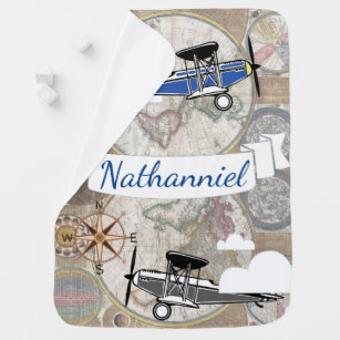 world explorer vintage aeroplanes personalised baby blanket