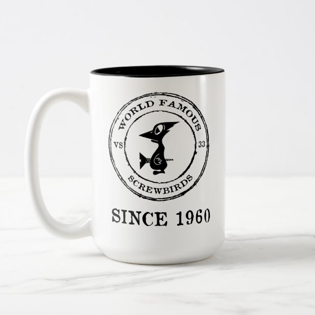 WORLD FAMOUS SCREWBIRDS SINCE 1960 Two-Tone COFFEE MUG (Left)