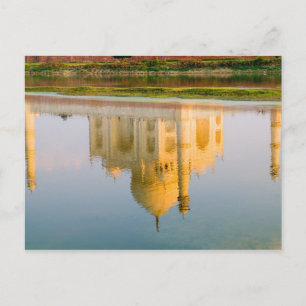 World famous Taj Mahal temple reflection at Postcard
