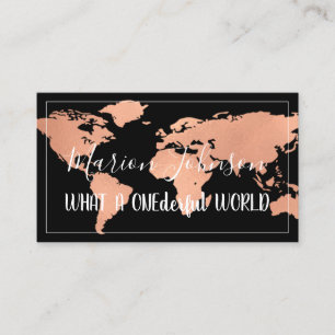 World Globe Map Travel Agency Copper Rose Black Business Card
