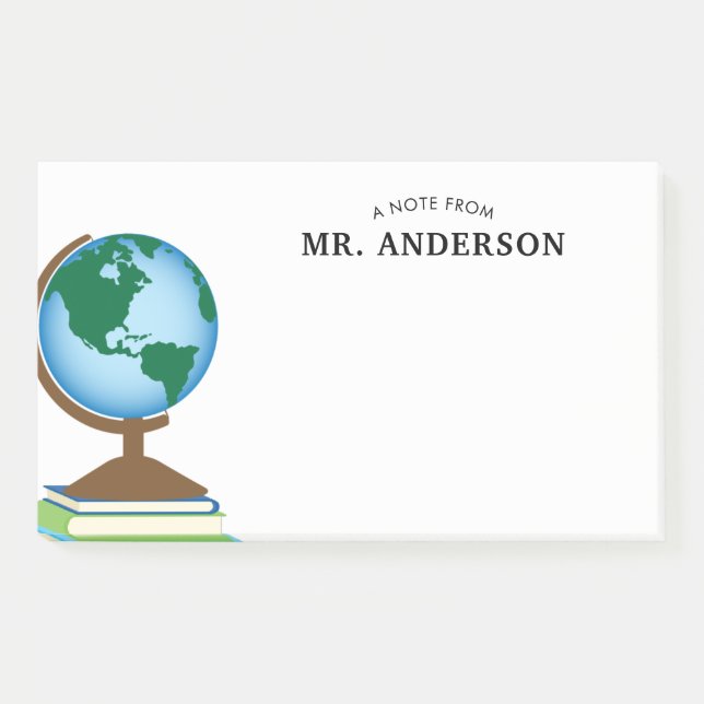 World Globe on Stack of Books Personalised Teacher Post-it Notes (Front)