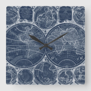 World Globes Blueprint Square Wall Clock