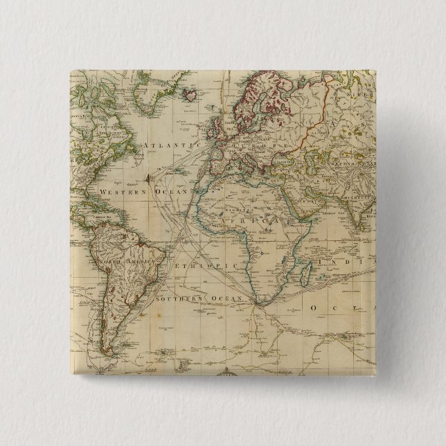 World Hand Coloured map 15 Cm Square Badge (Front)