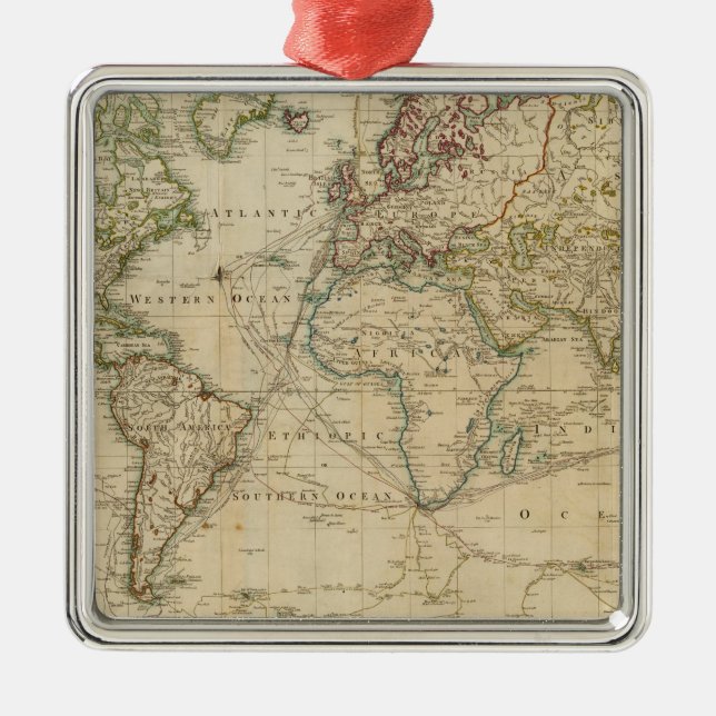 World Hand Coloured map Metal Tree Decoration (Front)