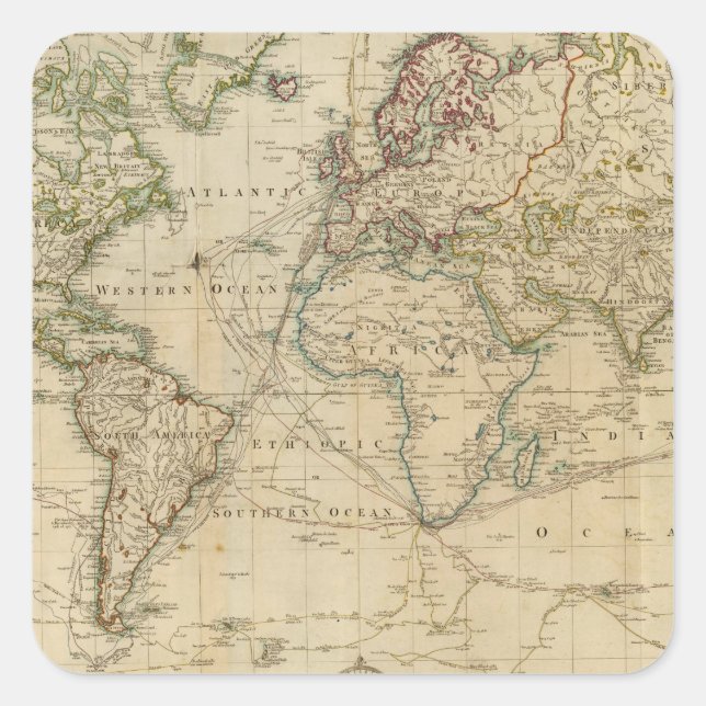 World Hand Coloured map Square Sticker (Front)