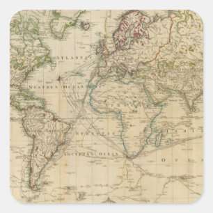 World Hand Coloured map Square Sticker