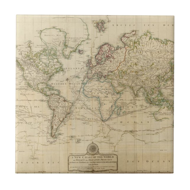 World Hand Coloured map Tile (Front)