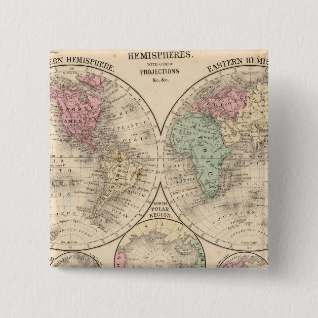World hemispheres  Map by Mitchell 15 Cm Square Badge (Front)