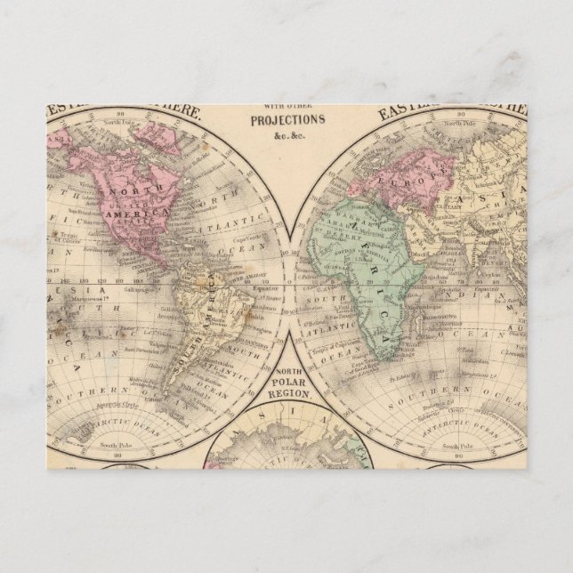 World hemispheres  Map by Mitchell Postcard (Front)