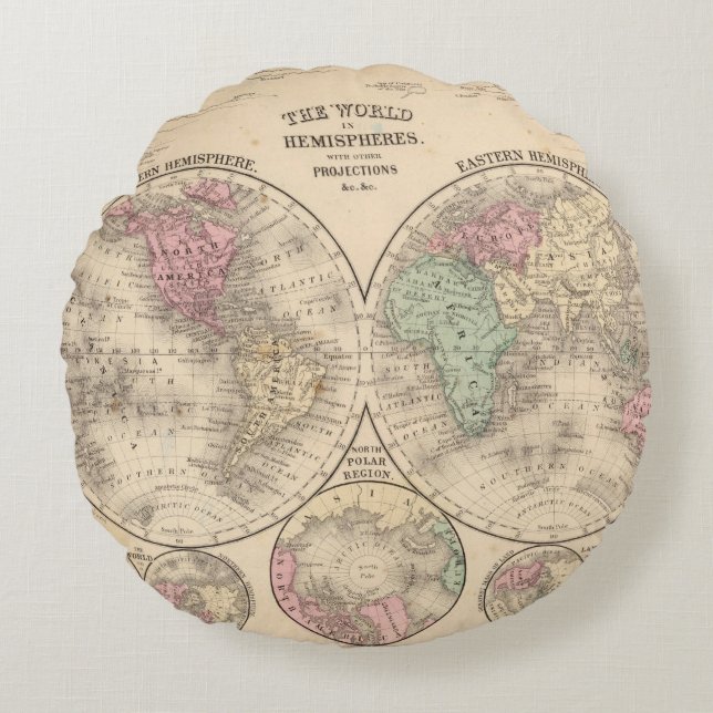 World hemispheres  Map by Mitchell Round Cushion (Front)