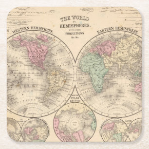 World hemispheres  Map by Mitchell Square Paper Coaster