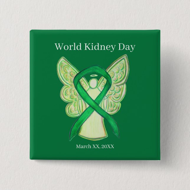 World Kidney Day Green Awareness Ribbon Button (Front)