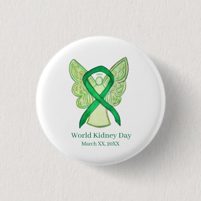 World Kidney Day Green Awareness Ribbon Button Pin (Front)