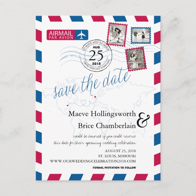 World Locations Airmail Save The Date Announcement Postcard (Front)