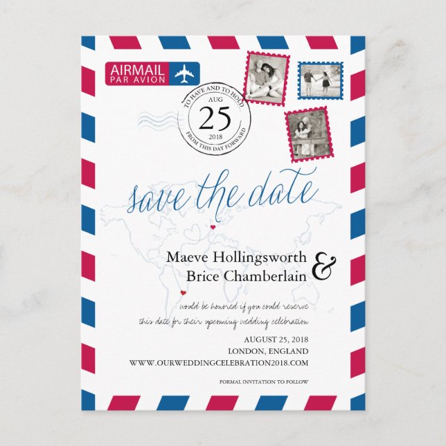 World Locations England Airmail Save the Date Announcement Postcard (Front)