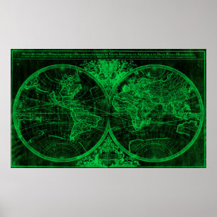 World Map (1691) Black & Green Poster