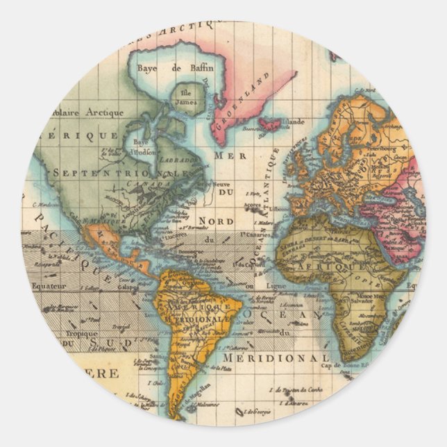 World Map 1700s Antique Continents  Classic Round Sticker (Front)
