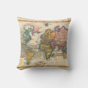 World Map 1700s Antique Continents  Cushion