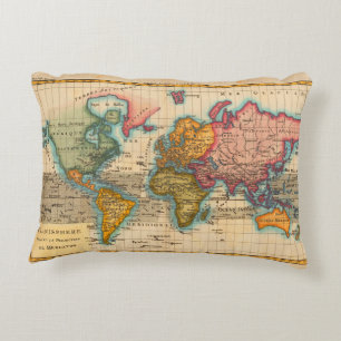 World Map 1700s Antique Continents  Decorative Cushion