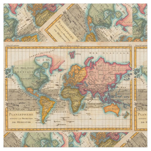 World Map 1700s Antique Continents  Fabric (Close Up)