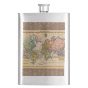 World Map 1700s Antique Continents Hip Flask
