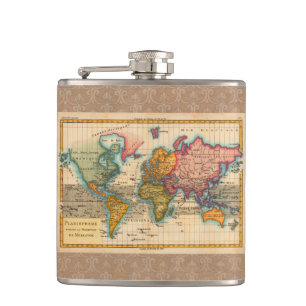 World Map 1700s Antique Continents Hip Flask
