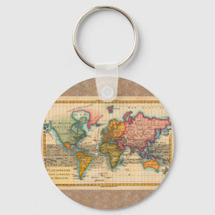 World Map 1700s Antique Continents  Key Ring