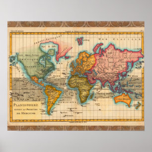 World Map 1700s Antique Continents Poster