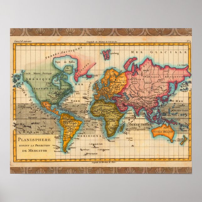 World Map 1700s Antique Continents  Poster (Front)
