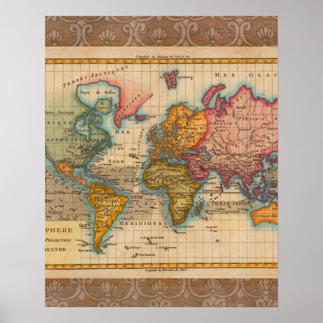 World Map 1700s Antique Continents  Poster (Front)