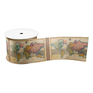 World Map 1700s Antique Continents Satin Ribbon